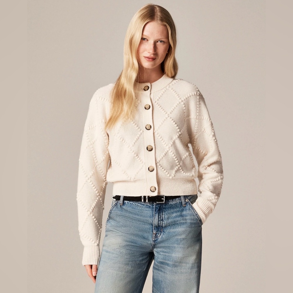 NWT! J. CREW Women’s Popcorn-stitch Cardigan in Vintage Wool, Ivory, Size Small